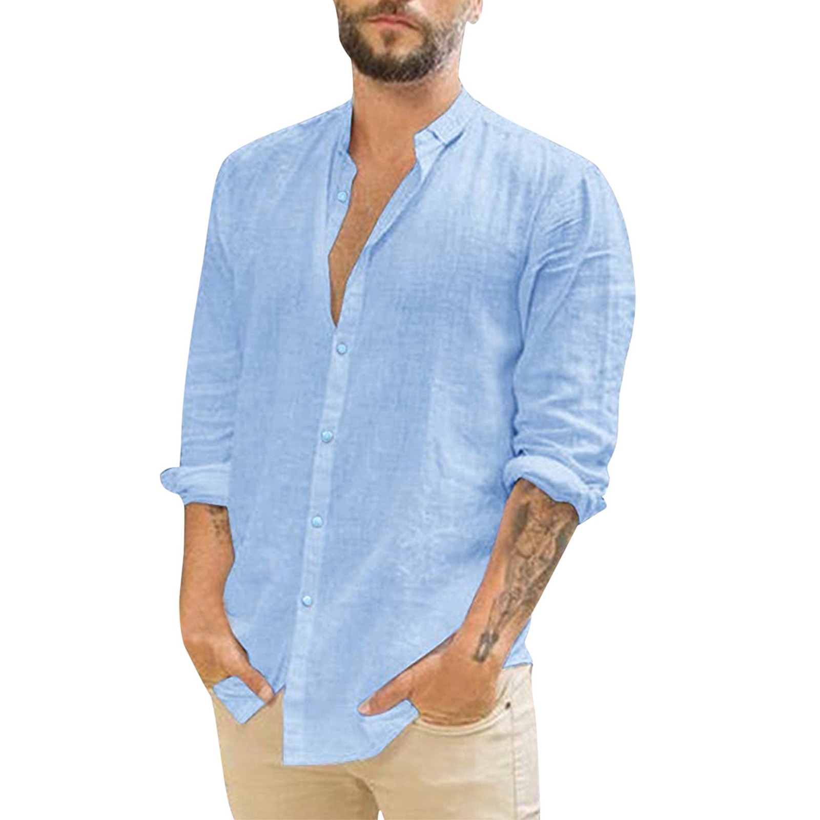 thumbnail image 2 of Camisa de manga larga con cuello vuelto para hombre - Diseño liso - Algodón - Informal para todas las estaciones - Tallas M-XXXL, 2 of 7